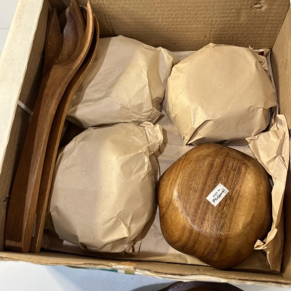 Vtg 7 Pc Acacia Wood Bowl Phillipines Set 1 Salad Bowl 4 Bowls 2 Utensils‎ Box